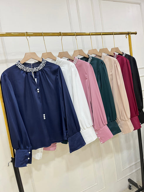 Pearl Round Neck Long Sleeves Satin Tops